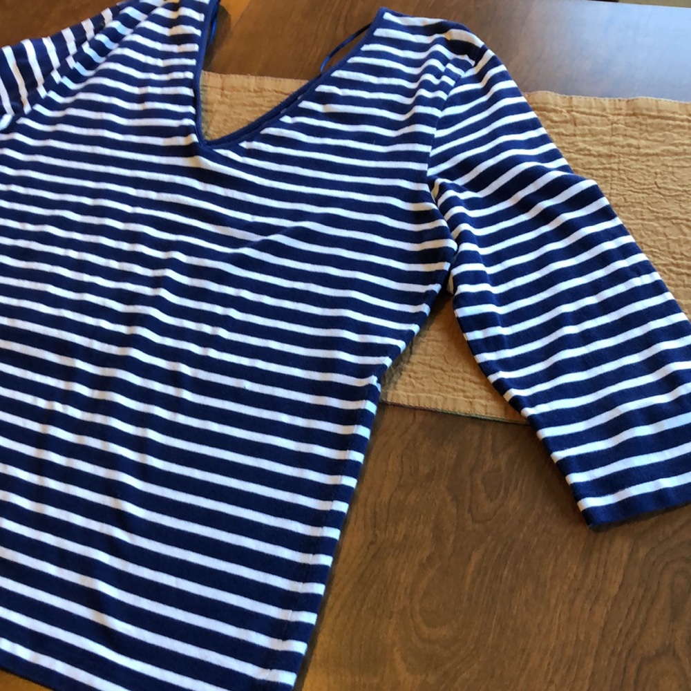 Lauren Ralph Lauren Navy White Stripe V-Neck and Back Cotton Knit Top. Size L.